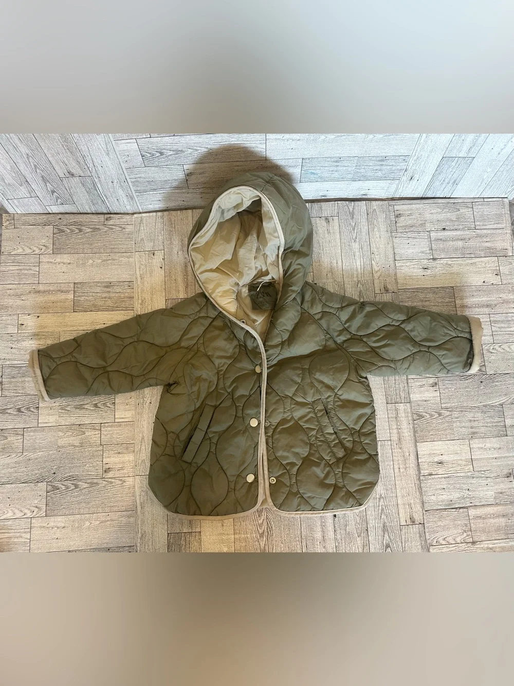 Zara Kids Olive Quilted Coat with Cream Lining size 18-24 months